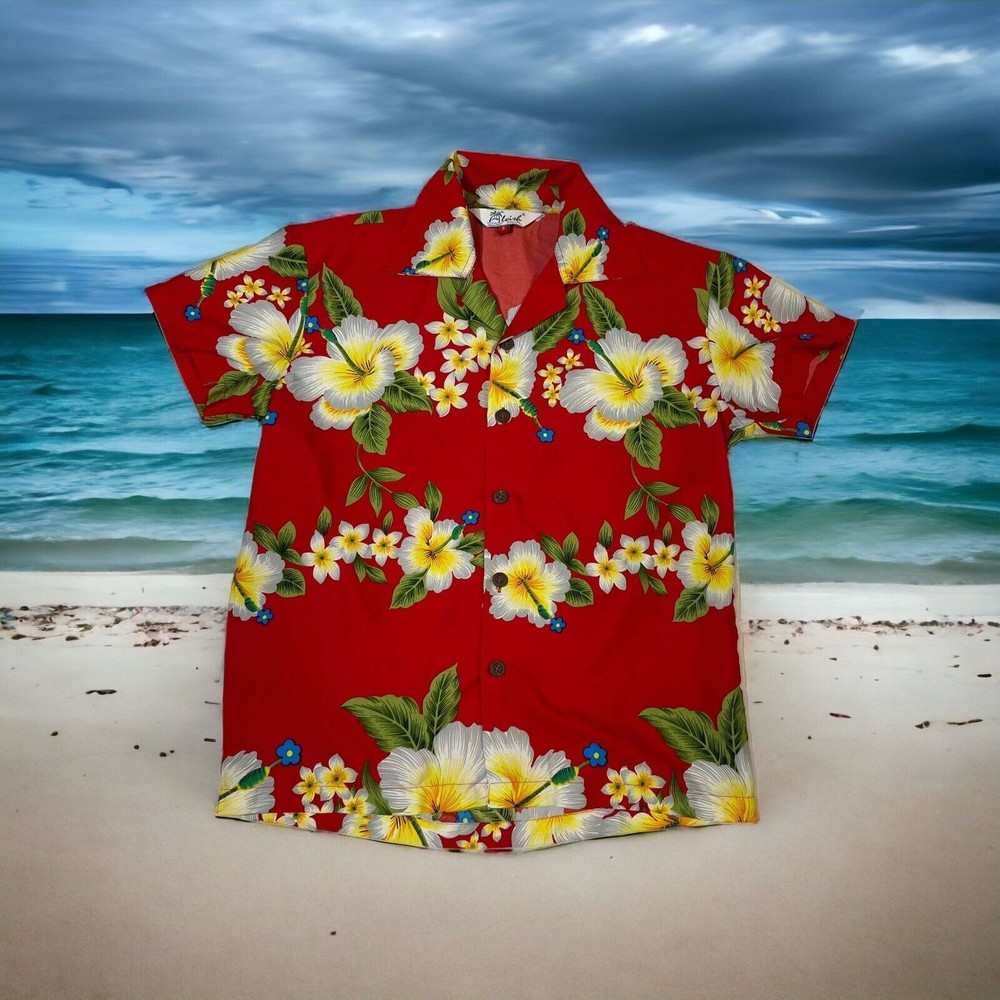 Alvish Women’s Hawaiian Shirt Blouse Sz S Red with Yellow Hibiscus Enjoy Life